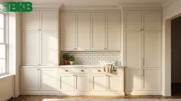 Floor-to-ceiling custom kitchen cabinetry in NYC pre-war apartment with high ceilings