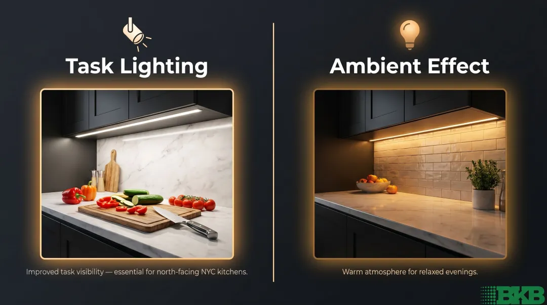 Under-cabinet LED lighting dual benefit task and ambient effect comparison infographic