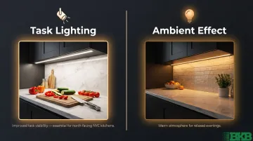 Under-cabinet LED lighting dual benefit task and ambient effect comparison infographic