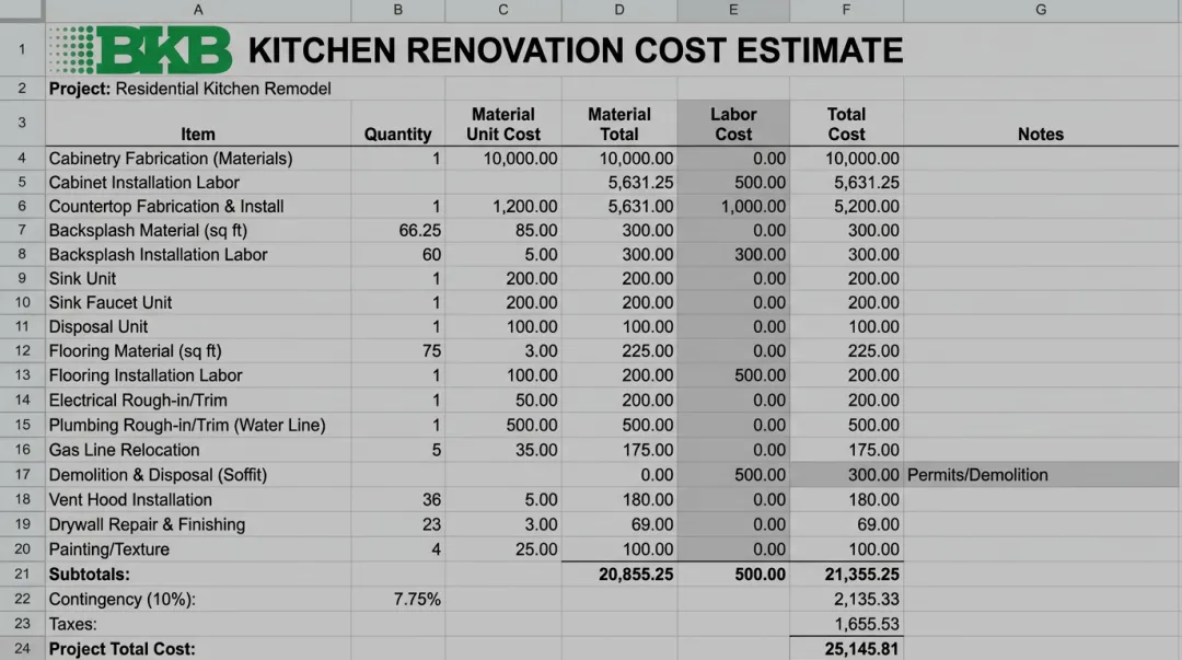 Detailed kitchen renovation cost breakdown estimate spreadsheet with line item categories