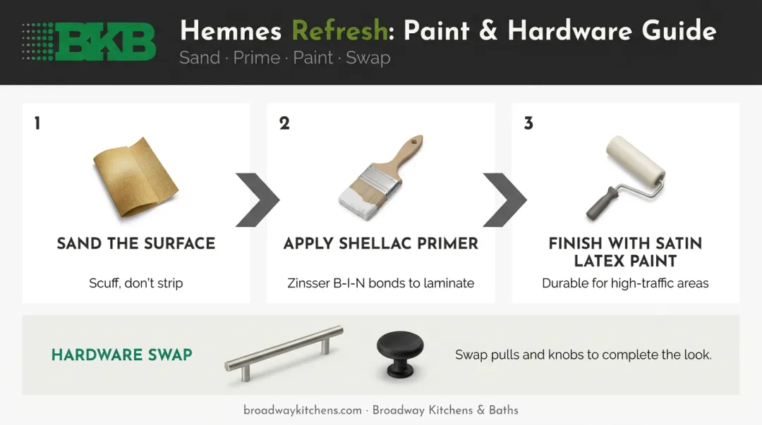 3-step IKEA Hemnes paint prep process with primer and hardware swap guide