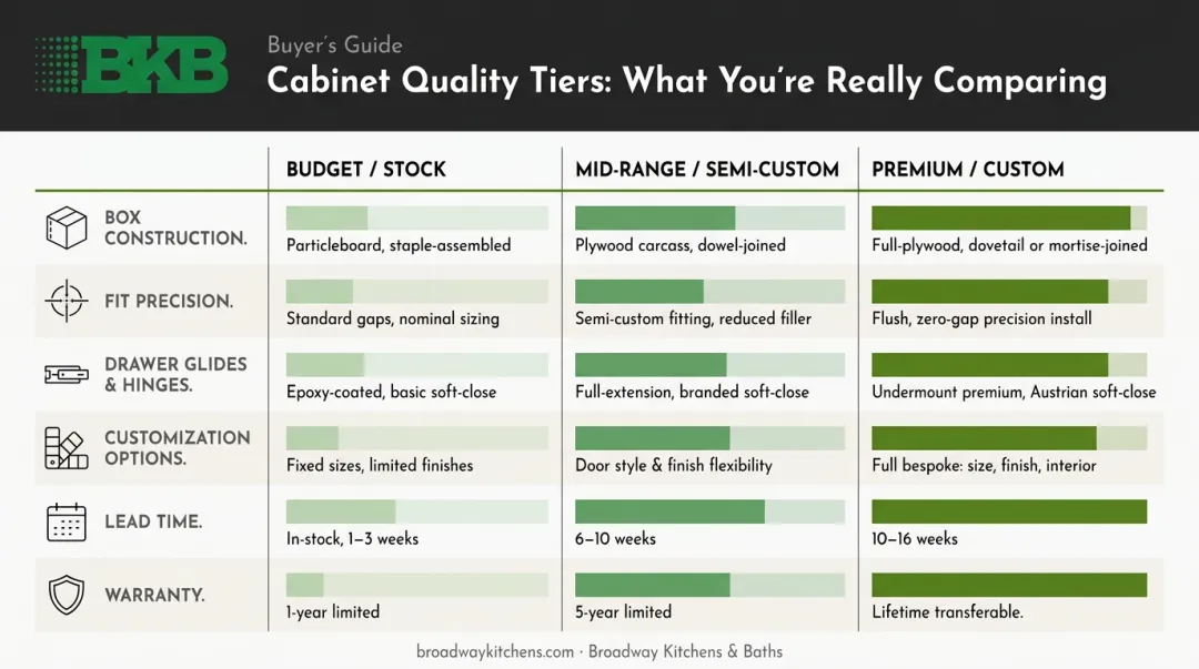 Budget stock versus premium custom cabinet quality comparison chart six dimensions
