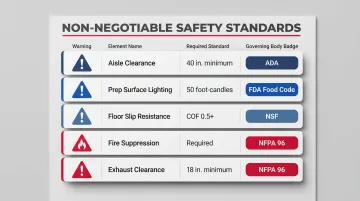 Commercial kitchen safety compliance standards table with NFPA ADA and FDA requirements