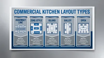 Five commercial kitchen layout types compared by use case and configuration
