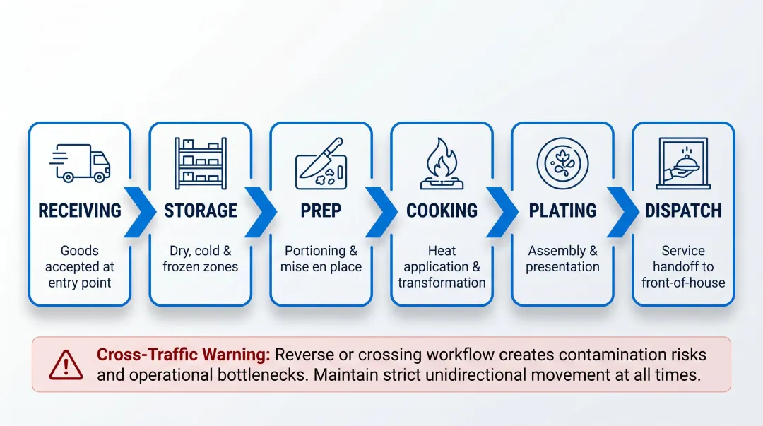 Unidirectional commercial kitchen workflow flow diagram from receiving to dispatch