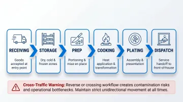Unidirectional commercial kitchen workflow flow diagram from receiving to dispatch