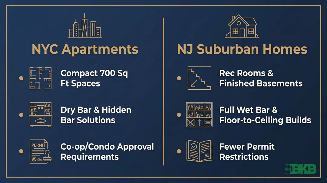 NYC apartment versus NJ suburban home custom bar cabinet comparison infographic
