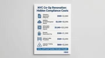 NYC co-op bathroom renovation compliance soft costs breakdown table infographic