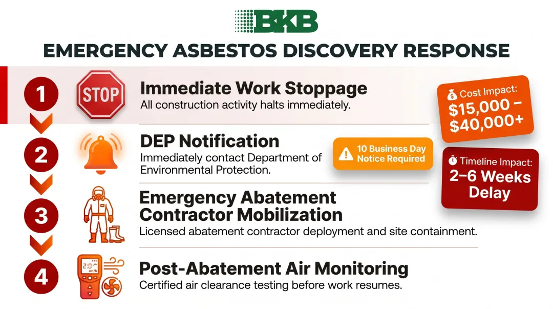 Four-step mandatory asbestos discovery mid-demolition response sequence infographic