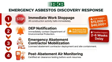 Four-step mandatory asbestos discovery mid-demolition response sequence infographic