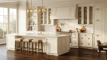 Classic shaker kitchen cabinets in large traditional farmhouse kitchen with high ceilings