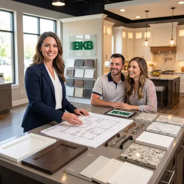 Kitchen designer reviewing cabinetry and countertop samples