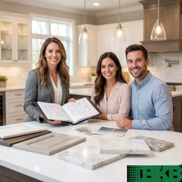 Kitchen designer reviewing cabinetry and countertop selections