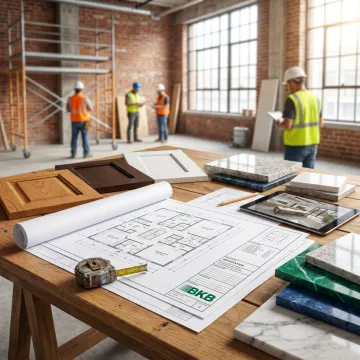 Commercial renovation materials and cabinetry plans on a jobsite table