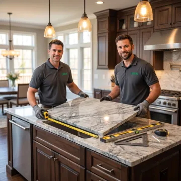 Countertop installation team fitting a stone slab