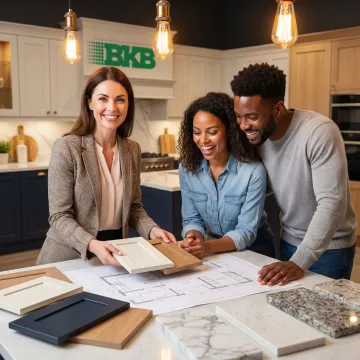 Designer presenting kitchen materials and plans