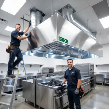 Commercial kitchen hood installation above cooking line