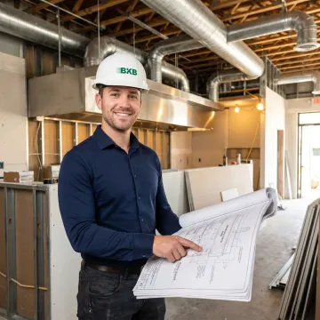 Contractor reviewing commercial kitchen hood layout