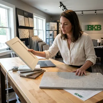 Bathroom vanity designer reviewing cabinet samples