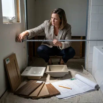 Designer measuring a compact bathroom vanity space