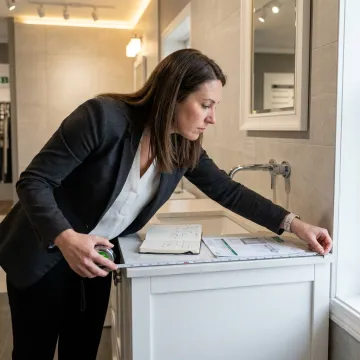 Designer measuring bathroom vanity for cultured marble top