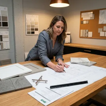 Designer reviewing floating double sink vanity plans