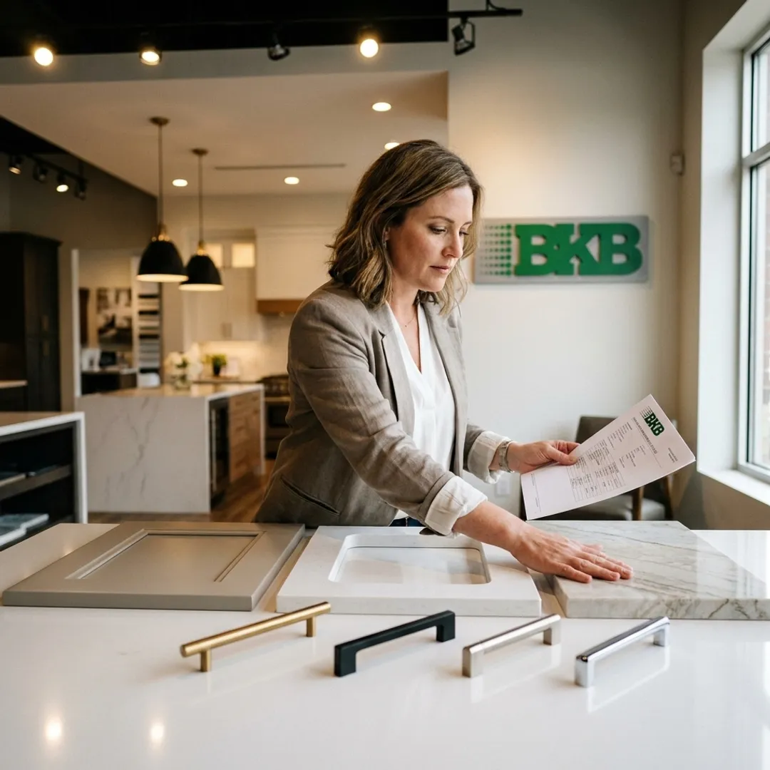 Designer reviewing bathroom vanity samples