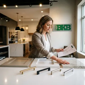 Designer reviewing bathroom vanity samples