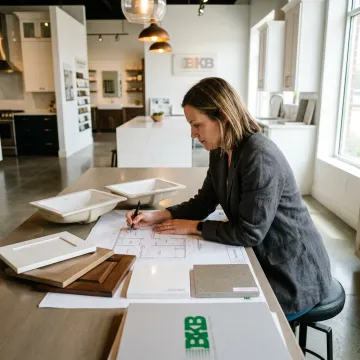 Designer reviewing accessible vanity plans