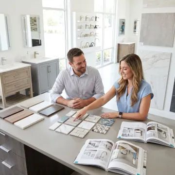 Designer reviewing bathroom remodel selections