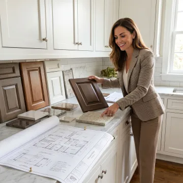 Designer reviewing kitchen and bathroom remodel plans
