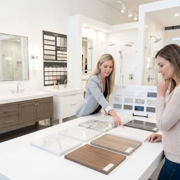 Designer reviewing bathroom renovation materials