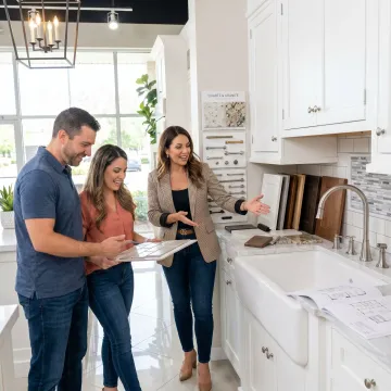 Designer helping clients choose kitchen materials