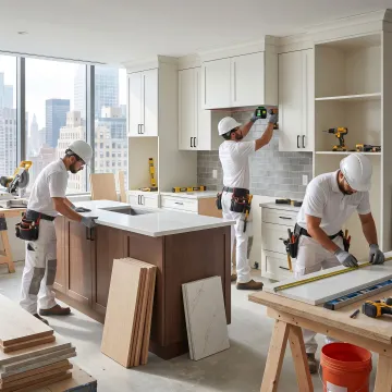 Commercial remodeling team installing cabinetry in a modern NYC workspace
