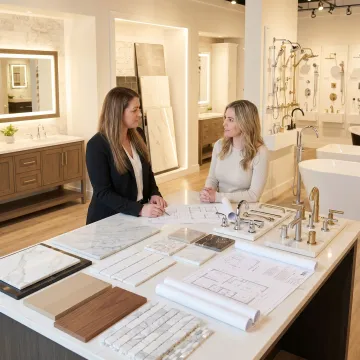 Designer reviewing bathroom renovation plans