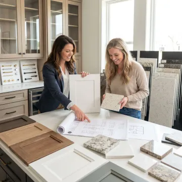 Designer reviewing kitchen remodel plans with homeowner