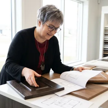 Designer reviewing custom kitchen cabinet plans