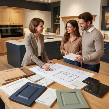 Designer reviewing kitchen renovation plans with homeowner