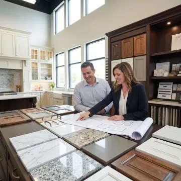 Designer reviewing kitchen plans and material samples