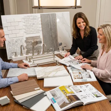Designer helping client choose bathroom materials