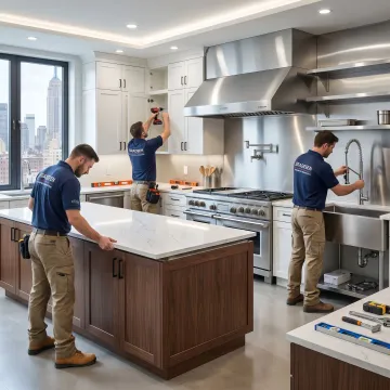 Commercial kitchen installation team working in a modern NYC-area kitchen