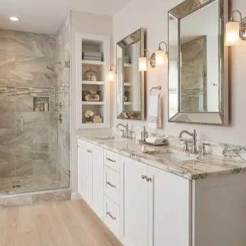 Modern full bathroom remodel with custom vanity