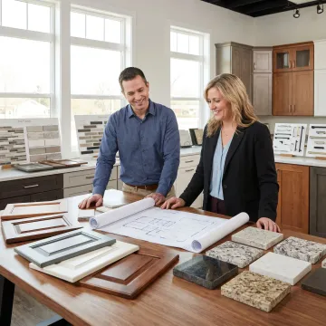 Designer reviewing kitchen renovation plans with homeowner