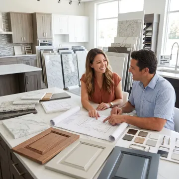 Designer reviewing kitchen renovation plans with homeowner