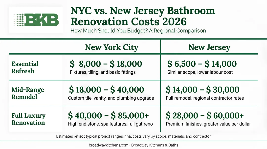 NYC versus NJ bathroom renovation cost tiers comparison infographic 2026