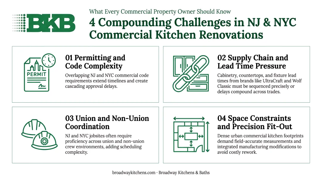 Four compounding NJ NYC commercial kitchen renovation challenges infographic