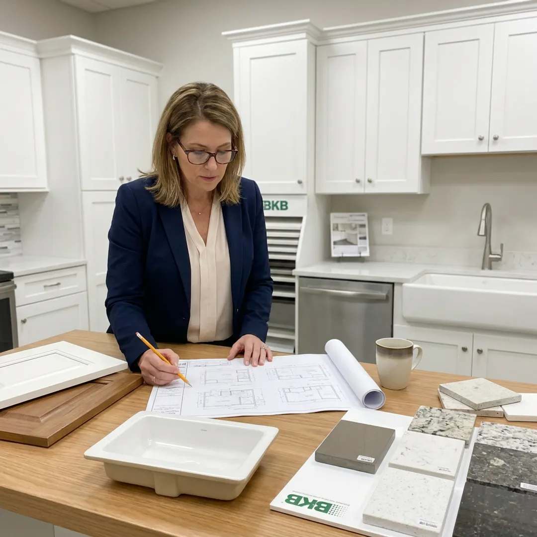 Designer reviewing compact bathroom vanity plans
