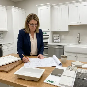 Designer reviewing compact bathroom vanity plans