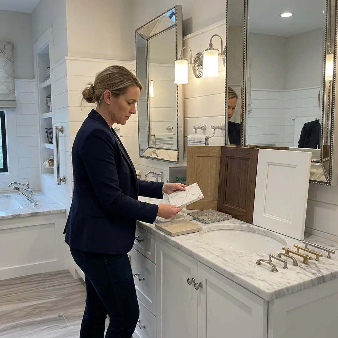 Designer reviewing bathroom vanity samples