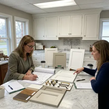 Designer reviewing slim shaker cabinet samples